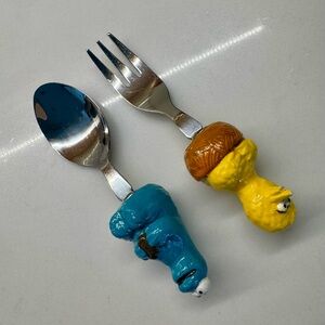 Vintage Sesame Street Big Bird Cookie Monster Spoon Fork Set 80s 90s
